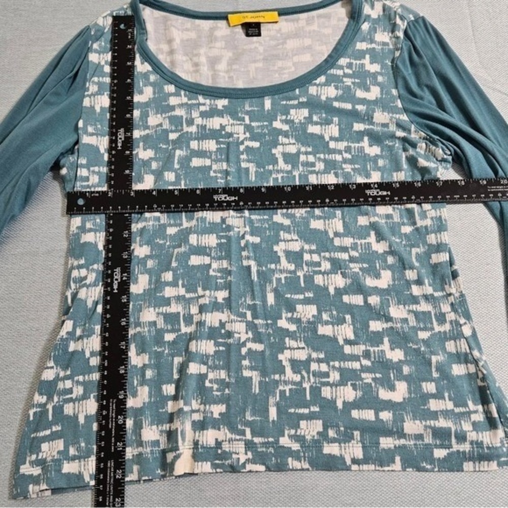 St. John Womens Art‎ Print Top Jersey Knit Cottage L Teal White - Picture 7 of 11